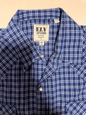 Ely Cattleman Blue and White Plaid Button-Down Shirt [XLT]